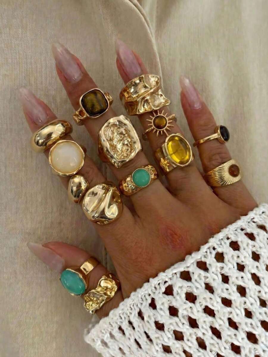 13pcs Solar Lava Liquid Metal Asymmetrical Flowing Or Hammered Texture Vintage Bohemian Style Maximalist Multi-Size Ring Set, Suitable For Parties - Multicolor - View 1
