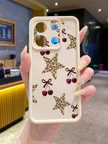 1pc Fashion Pure Android TPU Material Star Leopard Print Cherry Element Pattern Lens Protection Thick Anti-Drop Anti-Fingerprint Beige Diamond Sand Phone Case Compatible With Samsung/Transsion/HONOR/ - Beige - View 1