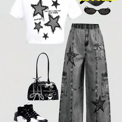 Playera de Manga Corta para Niña, Estampado de Estrellas con Detalles Decorativos, Ropa Casual Juvenil