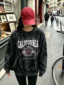 Women's New Minimalist Winter Letter Print Casual Crew Neck Fashion Versatile Tie-Dye Sweatshirt - Black - View 5