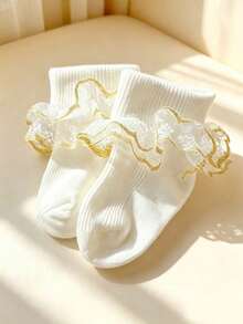 3 Pairs Girls White & Gold Lace Socks, Elegant Sweet Princess Style, Children's Dance Socks, Daily Matching With Dresses - White - View 6