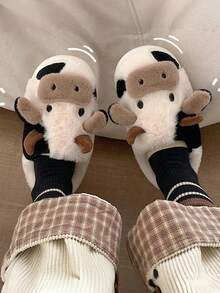 1 par de pantuflas planas con diseño de vaca de dibujos animados, adecuadas para otoño/invierno - Blanco y Negro - Ver 15