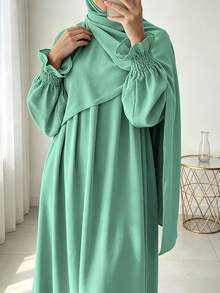 Busana Sehari-hari Wanita Timur Tengah, Set Hijab dan Abaya 2 Potong yang Serasi, Gaun Panjang Lengan Mengembang Longgar dengan Manset Elastis - MultiWarna - View 18