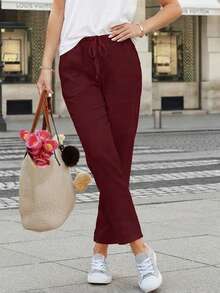 Jisfaneya Women's Solid Color Drawstring Casual Straight Leg Pants With Pockets - Burgundy - View 4