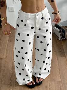 Women's Black Polka Dot White Pants Autumn Vacation - White - View 2