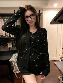 女款圓領針織開襟衫，寬鬆慵懶顯瘦短版外套上衣 - 黑色 - 查看 5