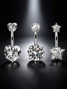 3 Pcs 316L Stainless Steel Double CZ Belly Button Rings Set, Heart Round Star, Hypoallergenic Sexy Body Jewelry For Daily Party Gift - 1 Set 3 Pcs - View 8