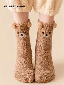 CLIMPRESSION Women's Cute Bear Plush Socks, Comfortable Coral Fleece Warm Winter Home Socks, Cartoon Animal Non-Slip Floor Socks, Suitable For Sleep And Leisure - Coffee Brown - View 19