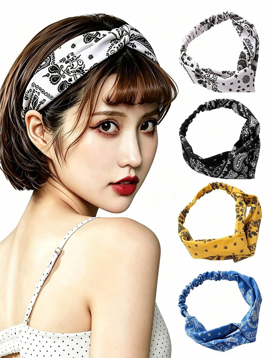 1pc Vintage Paisley Flower Print Criss-Cross Elastic Fabric Headband, Multiple Colors Available, American Street Style Vibe - Multicolor - View 1