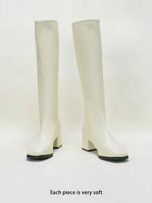 Girls' Knee High Boots Square Toe Chunky Heel, Soft Faux Leather Side Zipper, Autumn Winter 2026 - White - View 8