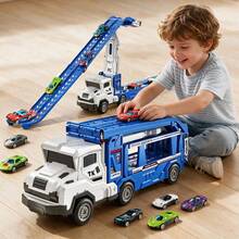 TEMI 2-In-1 Styling Dual-Track Truck, Includes 12pcs 1:12 Alloy Cars, Suitable For Children 3 Years And Above, Equipped With Dual-Track Racing Track, Best Gift For Holidays, Birthdays, Christmas - Blue - View 2