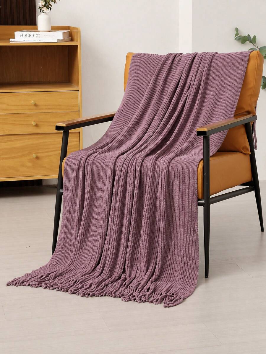 1pc Soft Knitted Blanket, Sofa Decor Knit Throw Blanket, Office Nap Blanket, Suitable For Daily Use - Finely Edited Chenille Purple - View 1