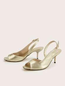 Women's Shallow Open Toe Side Cutout Mule Shoes, Elegant And Comfortable For Vacation, Party And Daily Wear, Solid Color Slip-On Versatile High Heel Sandals - Gold - View 2