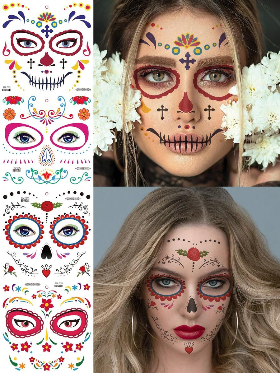4 Sheets Day Of The Dead Sugar Skull Face Temporary Tattoo Stickers, Colorful Floral Skull Design, Waterproof Fake Face Decals For Halloween Carnival Cosplay Party Makeup - Multicolor - View 1