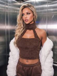 Atasan Tank Top Wanita Kasual Rajut Lembut Model Halter Slim Fit untuk Musim Dingin/Gugur Sehari-hari, Pakaian Musim Dingin/Gugur, Pakaian Musim Dingin, Jalan-jalan, Lucu - Cokelat tua - View 5