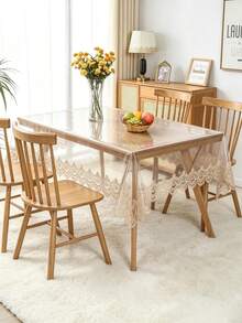 Transparent PVC Tablecloth With Elegant Coffee-Colored Lace Trim, Waterproof And Oil-Resistant Rectangular Dining Table Cover, Suitable For Home Dining Table And Kitchen Decor - milk coffee color - View 3