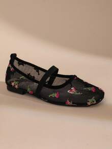 Women's Square Toe Mesh Embroidered Mary Jane Ballet Flats, Breathable Single Strap Flat Shoes - Black - View 3