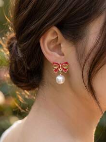1 Pair European & American Style Fashion Red Oil Drop Pearl Earrings, Elegant Versatile Internet Celebrity Ear Studs, New Year & Christmas Gift - Red - View 2