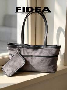 New Large Capacity Matte PU Shoulder Bag, Women's Minimalist Colorblock Handbag With Detachable Charm Pouch, Versatile For Work, Travel And Daily Use - Grey - View 10