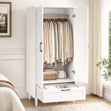 Wardrobe Closet, 63.5 Inch Modern Wooden Armoire Closet Para Ropa, Freestanding Clothing Storage Cabinet With 2 Doors 2 Large Drawers And Aluminum Alloy Hanging Rod, Black Metal Handles, Clothes Organizer For Bedroom Dorm Home, Black White - White - View 2