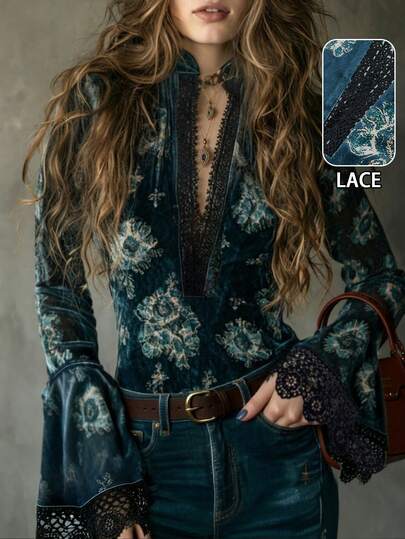 MOOSGOP 春夏时尚休闲百搭优雅复古女装，随机印花蕾丝边V领喇叭袖长袖衬衫，优雅女士度假衬衫