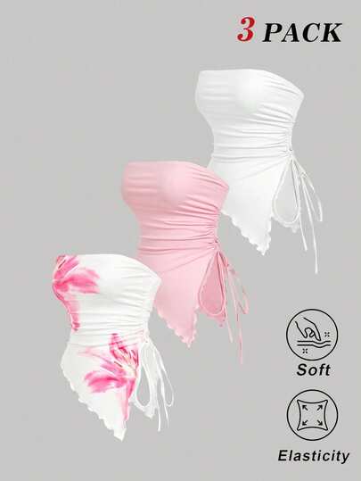 3 piezas de top bandeau asimétrico floral para mujer, top tubo con estampado floral blanco y rosa, dobladillo asimétrico, seductor, verano, top de vacaciones