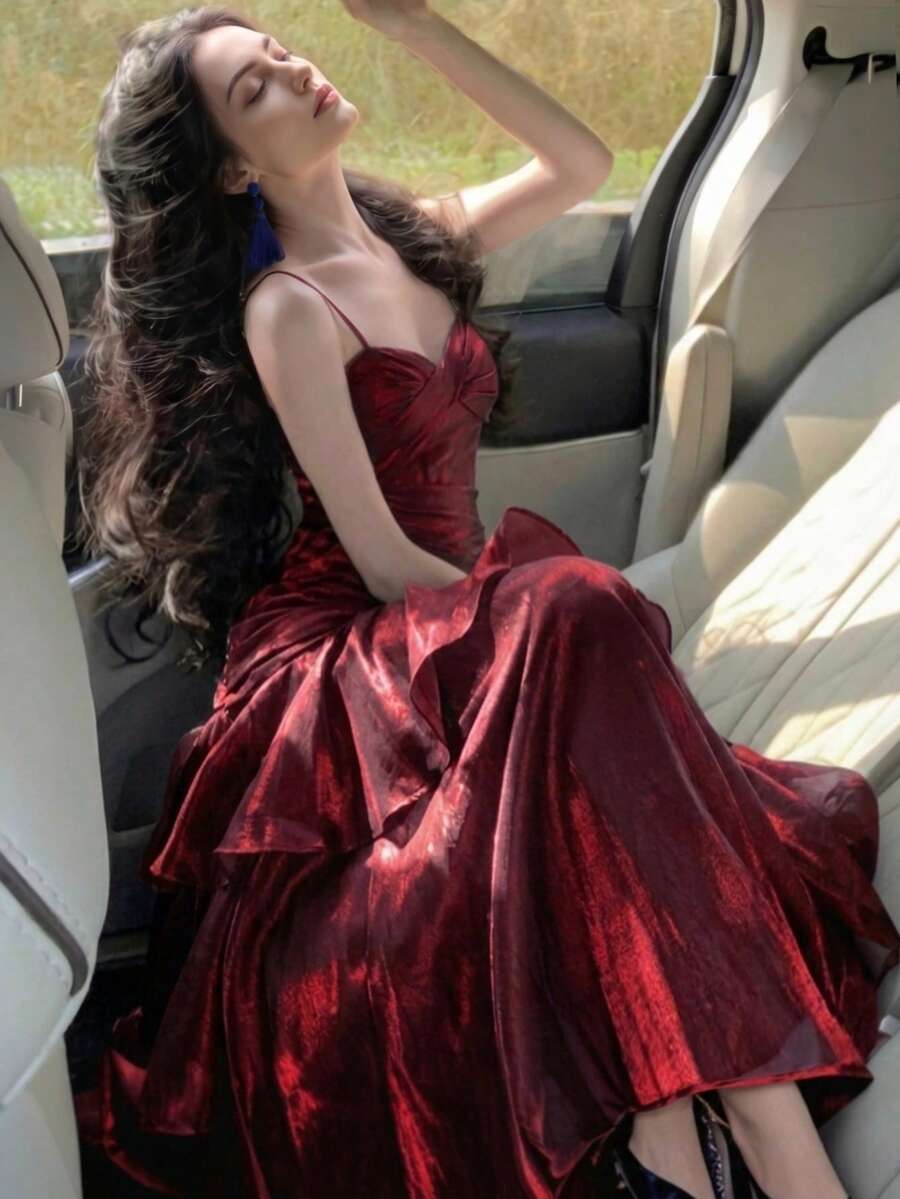 Elegant Faux Pearl Ruffle Hem Formal Evening Dress, Fitted Bridesmaid, Back To School, Cocktail Party, Summer Wear Wedding Spring Fall - Burgundy - View 1