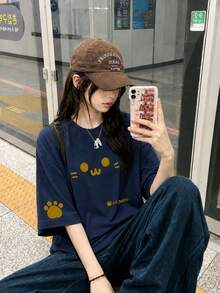 Women's Casual Loose Round Neck Cartoon Cat & Letter Print Short Sleeve T-Shirt, Summer - Navy Blue - View 1