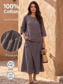 Spring/Summer Solid Color Casual Multi-Layer Ruffle Cuff Top And Asymmetrical Button Design Pocket Skirt 2 Pieces Set, Vintage All-Match Elegant - Mocha Brown - View 1