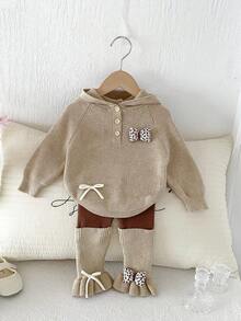 Baby Girl Gentle Earth Tone Knit 2 Pieces Set, Ribbed Raglan Hooded Half-Button Sweatshirt With Leopard Print Bow And Side White Tie Detail, Brown & Khaki Contrast Patchwork Flared Knit Pants With Bow Hem, Sweet Casual Separates Outfit - Khaki - View 1