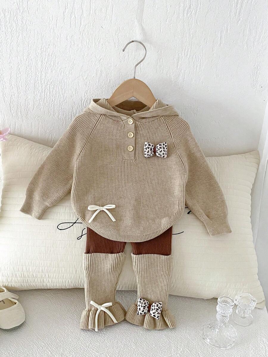 Baby Girl Gentle Earth Tone Knit 2 Pieces Set, Ribbed Raglan Hooded Half-Button Sweatshirt With Leopard Print Bow And Side White Tie Detail, Brown & Khaki Contrast Patchwork Flared Knit Pants With Bow Hem, Sweet Casual Separates Outfit - Khaki - View 1