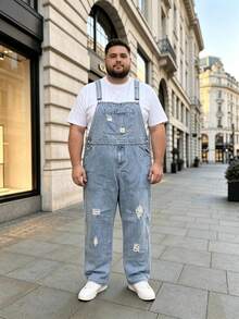 Men's Denim Dungarees Light Wash Distressed Plus Size Overalls - Navy Blue - View 6