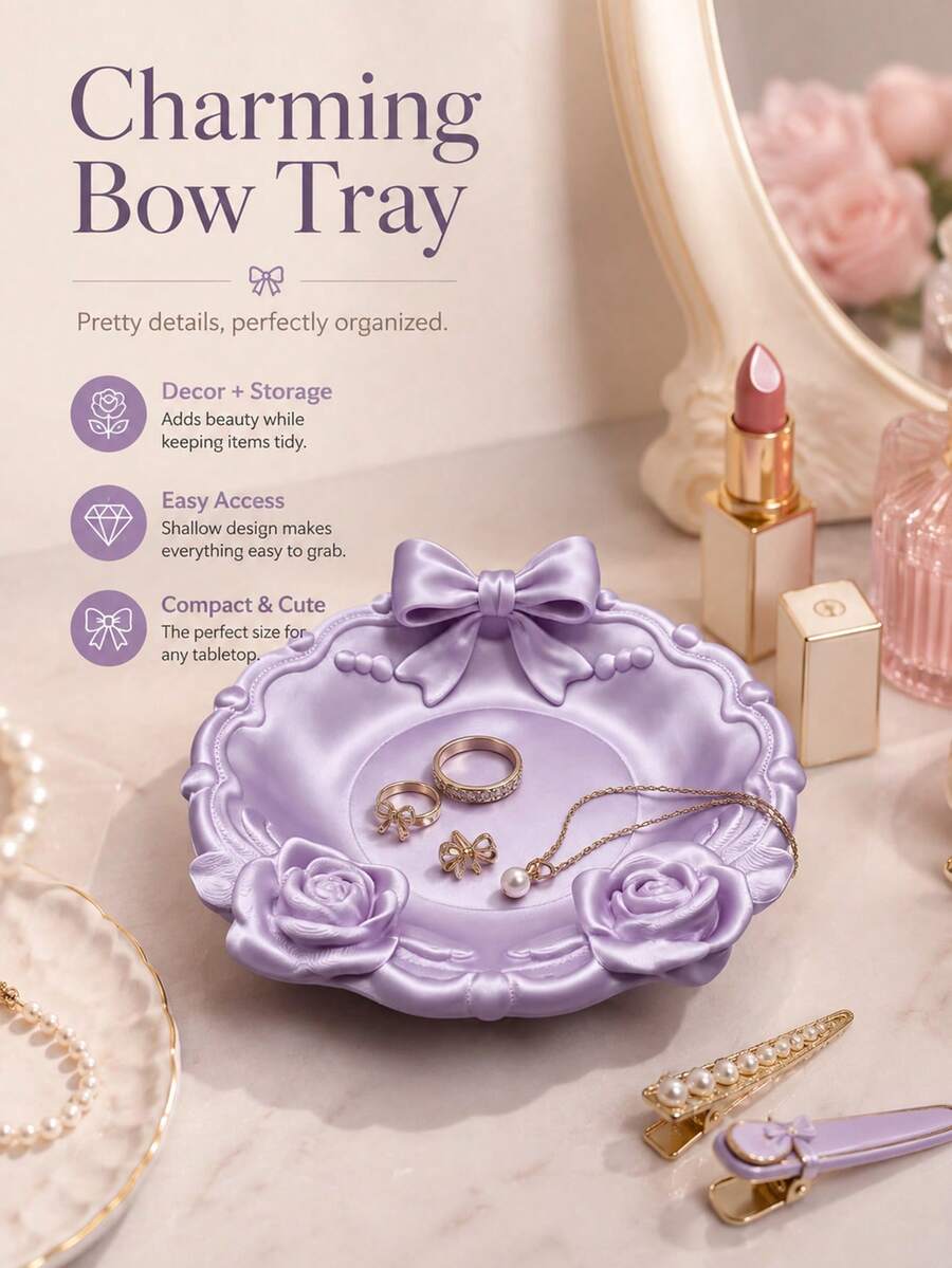 1pc Women's Purple 3D Printed Jewelry Tray, Bow And Rose Decor Storage Dish, Creative Vanity Organizer Box, Suitable For Rings, Earrings And Vanity Decor - Multicolor - View 1