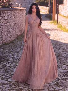 Women's Romantic Long Sleeve Deep V-Neck Dress, Pleated Detail Design, Flared Hem, Glamorous Style - Dusty Pink - View 1