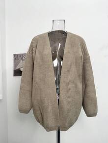 Jaket Sweater Luar Ruangan Longgar Berkerah Terbuka Model Slouchy Terbaru untuk Musim Gugur/Dingin - Khaki - View 8