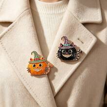 1pc Halloween Pumpkin Cat Brooch With Drip Oil And Rhinestones, Witch Hat Holiday Party Coat Suit Decoration Pin Corsage Gift - Multicolor - View 3