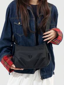 Dedoo 女款尼龍抽褶設計 Hobo 斜跨包，圓形金屬 Logo，可調節寬肩帶，拉鍊開合，日常戶外旅行休閒手提包 - 黑色 - 查看 3