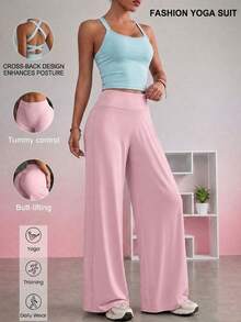 2pcs Women's Yoga Set, Criss-Cross Back Tank Top & High Waist Wide Leg Pants, Tummy Control Fitness Loungewear - Multicolor - View 1