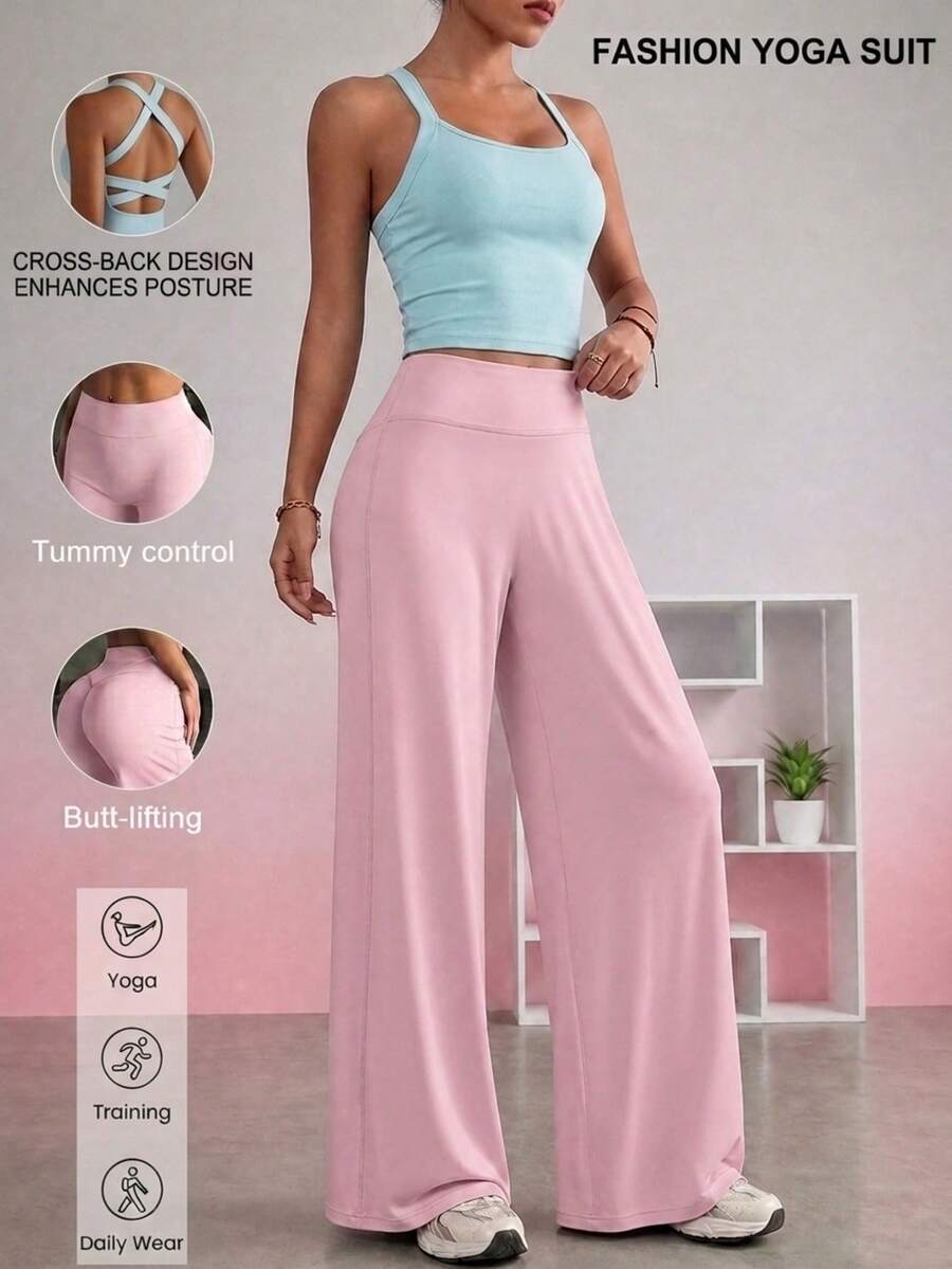 2pcs Women's Yoga Set, Criss-Cross Back Tank Top & High Waist Wide Leg Pants, Tummy Control Fitness Loungewear - Multicolor - View 1