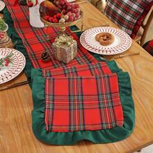1pc Christmas Plaid Dual-Panel Velvet Fabric Ruffle Table Runner, Suitable For Christmas Holidays And Home Decor - Red Grid - View 8