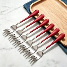 2/6/12pcs Dessert Fork Set, Cake Fork, Fruit Fork, Tea Fork, Suitable For Restaurant, Afternoon Tea, Cafe, Wedding, Date Gift - Silver + Red - View 5