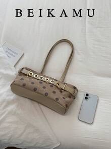 1pc Polka Dot Pattern Suede Tote Bag, Strap Metal Eyelet Decor Shoulder Bag Baguette Bag, Suitable For University, Commute, Shopping, Street Shopping, Daily Use - Khaki - View 6