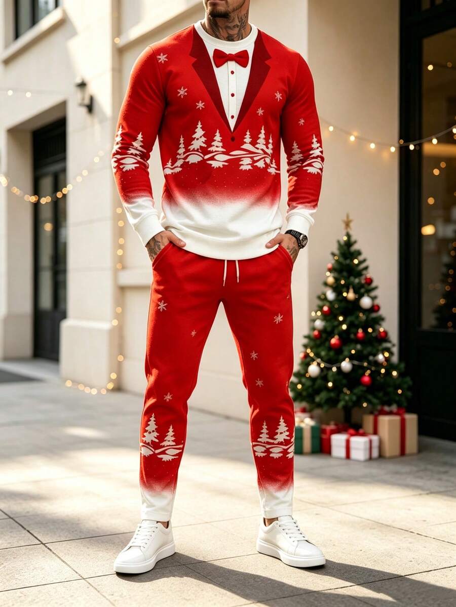 Set Kaos Lengan Panjang dan Celana Panjang Motif Natal untuk Pria - MultiWarna - View 1