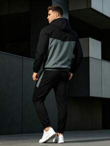1 Set Men's Autumn Colorblock Hooded Sports Outfit, Zip-Up Jacket + Elastic Drawstring Joggers, 2-Piece Casual Running Fitness Daily Wear - Dusty Blue - View 3