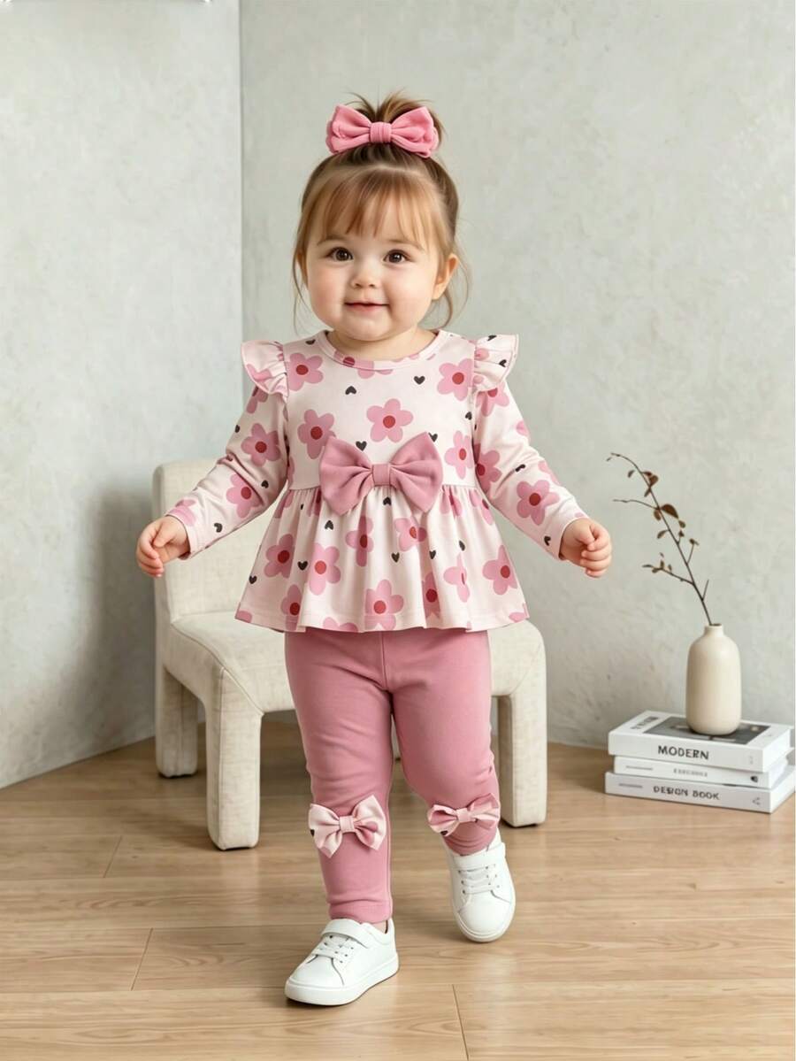 2pcs Infant/Toddler (Girl) Forest Style Cute Bow & Floral Print Long Sleeve Top And Pants Set, Thin For Spring/Autumn - Mauve Purple - View 1