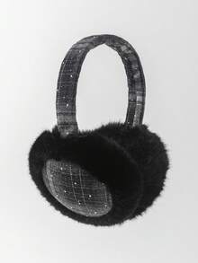 GARASSACC 1pc Women's Plaid Rhinestone Plush Warm Foldable Earmuffs - Multicolor - View 2