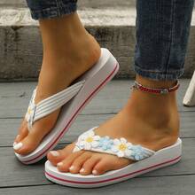 Women's Floral Decor Wedge Flip Flops, Summer Casual Thick Sole Beach Thong Sandals - White - View 6