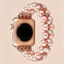 1pc Women Girls Double Row Pearl & Rhinestone Inlaid Beaded Watch Band Compatible With Apple Watch 38/40/41/44/45/49/42/46mm, Compatible With I-Watch Series 11/SE3/Ultra3/Ultra/SE/SE2/10/9/8/7/6/5/4/3/2/1, Handmade Elastic Smart Watch Band - Rose Gold - View 19