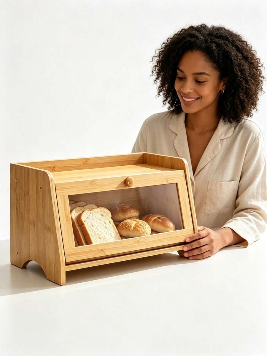1pc Bamboo Flip‑Top Bread Storage Box, Natural Bamboo, Flip Lid With Clear Visible Window, Large Capacity, For Kitchen Countertop Bread Pastry Dust‑Proof Storage & Desktop Organization - Random Color - View 1