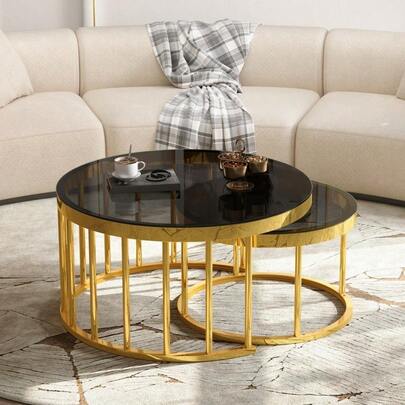 Round Nesting Coffee Table Set Of 2 Modern Gold Metal Frame Circular Cocktail Table Tempered Glass Top Accent Nesting Tables For Living Room Apartment